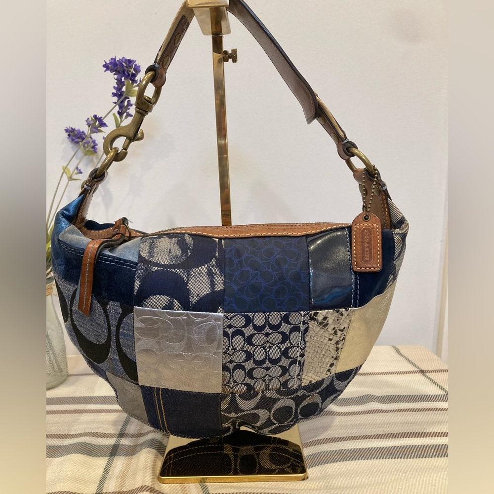 Coach Vintage Hobo Patchwork Blue Leather-Trim Shoulder Bag-No- B06S- 10019 - Picture 6 of 12